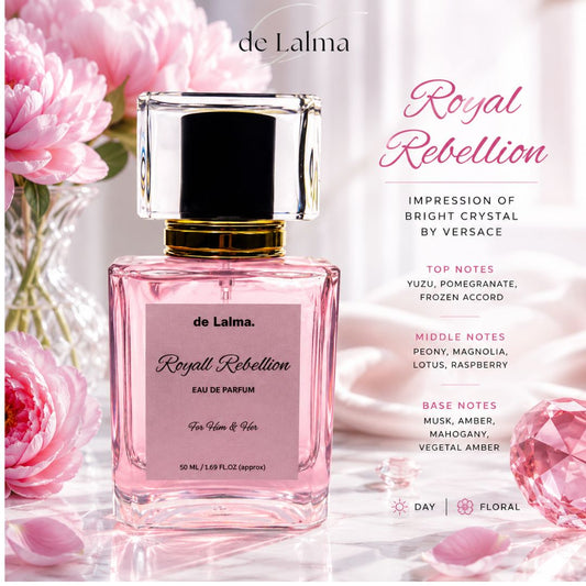 Royal Rebellion by de Lalma luxury and long-lasting Eau de Parfum for men and women, inspired by Bright Crystal by Versace, featuring fragrance notes with a soft floral and pink crystal-themed background.