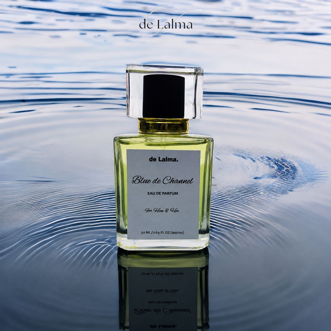 Bleu Seduction by de Lalma luxury and long-lasting Eau de Parfum for men/unisex, inspired by Bleu de Chanel, displayed with a serene water reflection in a fresh aquatic setting.