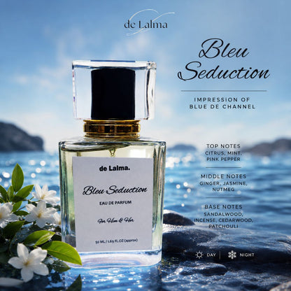 Blue Seduction by de Lalma luxury and long-lasting Eau de Parfum for men/unsex, inspired by Acqua di Giò Profondo by Armani, displayed in a refreshing ocean-inspired setting with its complete olfactory profile.
