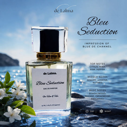 Blue Seduction by de Lalma luxury and long-lasting Eau de Parfum for men/unsex, inspired by Acqua di Giò Profondo by Armani, displayed in a refreshing ocean-inspired setting with its complete olfactory profile.
