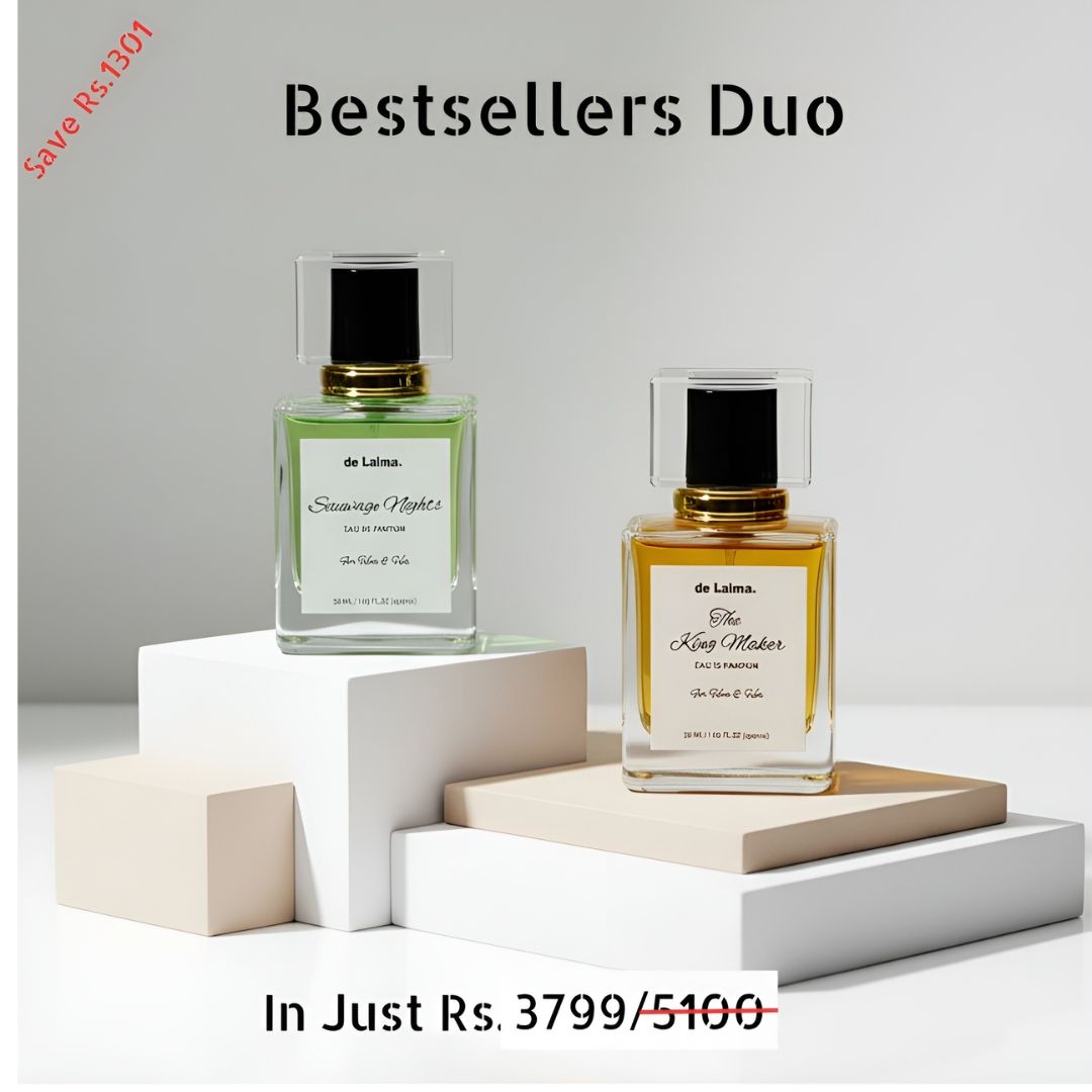 Bestsellers Duo, luxury and long-lasting perfumes bundle by de Lalma, featuring, Sauvage Nights (Impression of Sauvage by Dior and The King Maker (Impression of Hugo Boss), displayed on elegant white podiums in a minimalist studio setting.