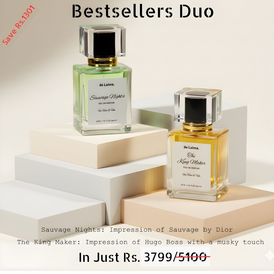 Bestsellers Duo, luxury and long-lasting perfumes bundle by de Lalma, featuring, Sauvage Nights (Impression of Sauvage by Dior and The King Maker (Impression of Hugo Boss), displayed on a premium presentation podium.