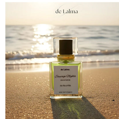 Sauvage Nights eau de parfum by de Lalma-Inspired by Sauvage by Dior, long lasting perfume, showcased on a sandy beach during golden hour with gentle ocean waves and warm sunset lighting
