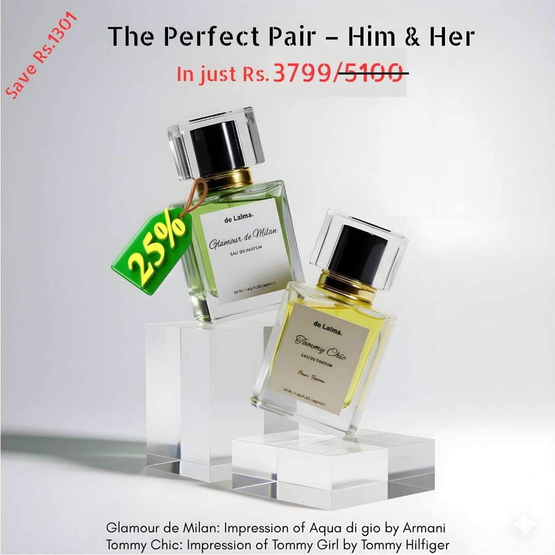 The Perfect Pair Him & Her by de Lalma, long lasting and luxury perfume bundle featuring Glamour de Milan (Impression of Aqua di Gio Profundo by Armani) and Tommy Chic (Impression of Tomy Girl by Tomy Hellfiger), displayed on modern acrylic podiums.