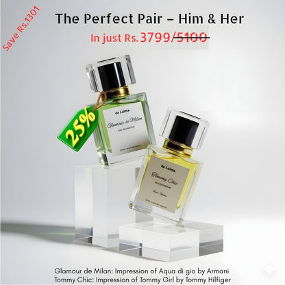The Perfect Pair Him & Her by de Lalma, long lasting and luxury perfume bundle featuring Glamour de Milan (Impression of Aqua di Gio Profundo by Armani) and Tommy Chic (Impression of Tomy Girl by Tomy Hellfiger), displayed on modern acrylic podiums.