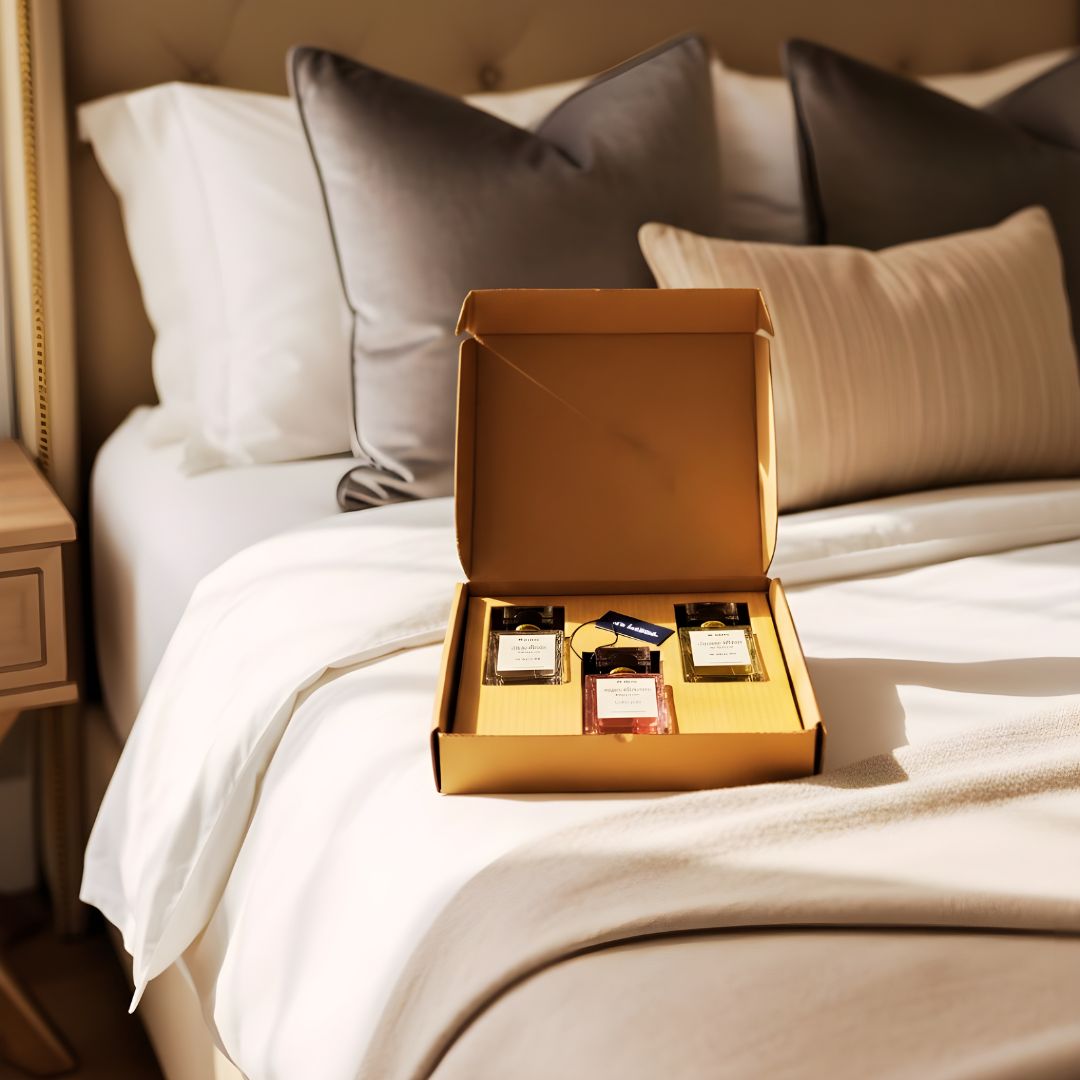 The Top Three perfume bundle by de Lalma, featuring three luxury, long lasting fragrances: Sauvage Nights (impression of Sauvage by Dior, Royal Rebellion (Impression of Bright crystal by Versace and The King Maker (Impression of Hugo Boss) displayed in a premium gift box on a luxury bed.
