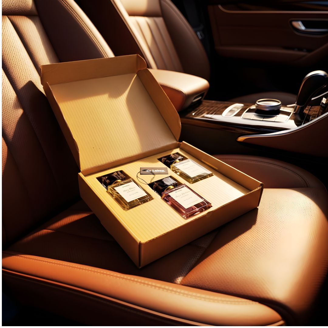 The Top Three perfume bundle by de Lalma, featuring three luxury, long lasting fragrances: Sauvage Nights (impression of Sauvage by Dior, Royal Rebellion (Impression of Bright crystal by Versace and The King Maker (Impression of Hugo Boss), in a premium gift box inside a luxury car.