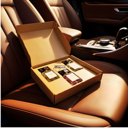 The Top Three perfume bundle by de Lalma, featuring three luxury, long lasting fragrances: Sauvage Nights (impression of Sauvage by Dior, Royal Rebellion (Impression of Bright crystal by Versace and The King Maker (Impression of Hugo Boss), in a premium gift box inside a luxury car.
