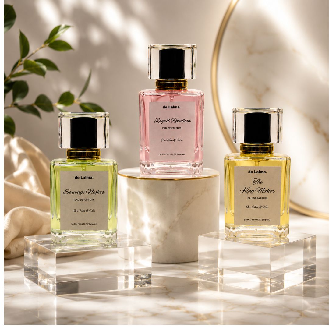 The Top Three perfume bundle by de Lalma, featuring three luxury, long lasting fragrances: Sauvage Nights (impression of Sauvage by Dior, Royal Rebellion (Impression of Bright crystal by Versace and The King Maker (Impression of Hugo Boss) displayed on glass podiums.