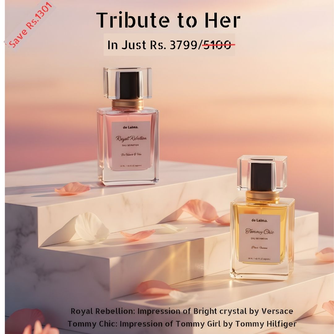 Tribute to Her, luxury and long-lasting perfume bundle by de Lalma, featuring two luxury fragrances: Royal Rebellion (Impression of Bright crystal by Versace) and Tommy Chic (Impression of Tommy Girl by Tomy Hellfiger), displayed on elegant marble podiums with delicate flower petals. 