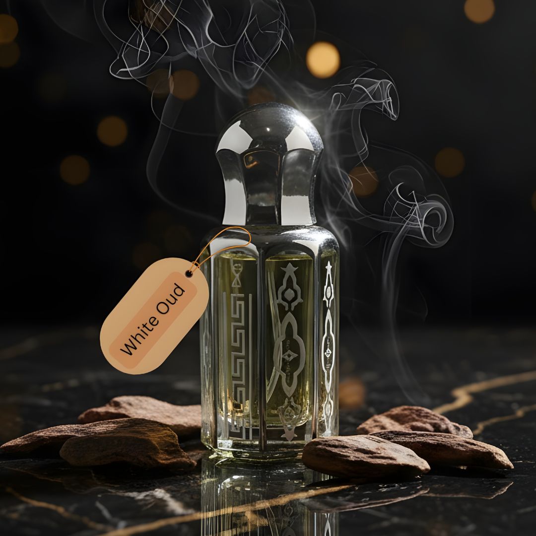 White Oud Purity by de Lalma Long lasting, luxury oud perfume bottle surrounded by aromatic smoke on a dark marble surface