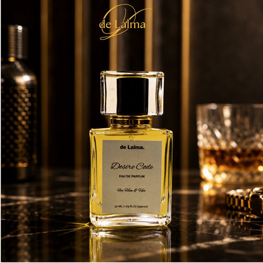 Desire Code by de Lalma luxury and long-lasting Eau de Parfum for men/unisex, inspired by Dunhill Desire, displayed in a sophisticated luxury setting with premium accessories and warm ambient lighting.