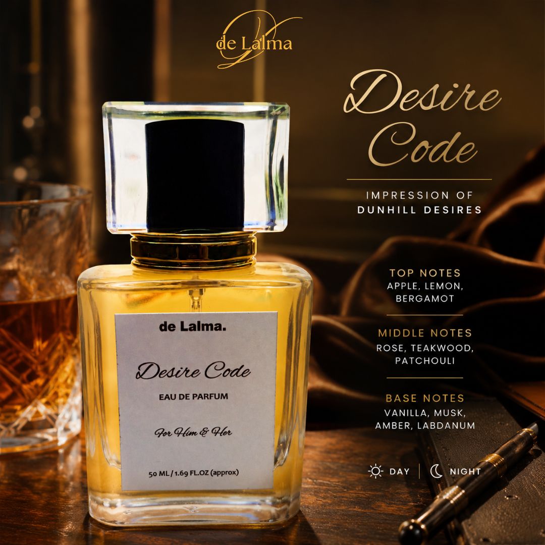 Desire Code by de Lalma luxury and long-lasting Eau de Parfum for men/unsex, inspired by Dunhill Desire, featuring fragrance notes with a premium amber and leather-themed background.