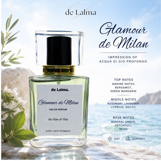 Glamour de Milan by de Lalma luxury and long-lasting Eau de Parfum for men/unisex, inspired by Acqua di Giò Profondo, displayed against a serene ocean-inspired coastal backdrop with the scent profile.