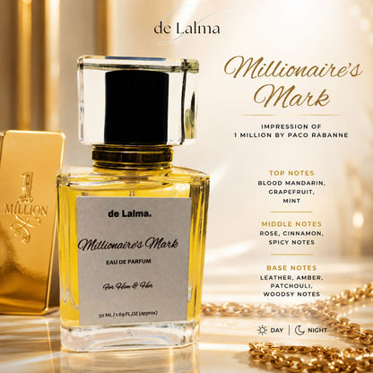 Millionaire's Mark by de Lalma luxury and long-lasting Eau de Parfum for men/unisex, inspired by 1 Million by Paco Rabanne, featuring fragrance notes alongside the perfume bottle in an elegant gold setting.