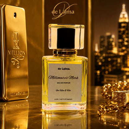 Millionaire's Mark by de Lalma luxury and long-lasting Eau de Parfum for men/unisex, inspired by 1 Million, displayed in a luxurious gold setting with an elegant city skyline backdrop.