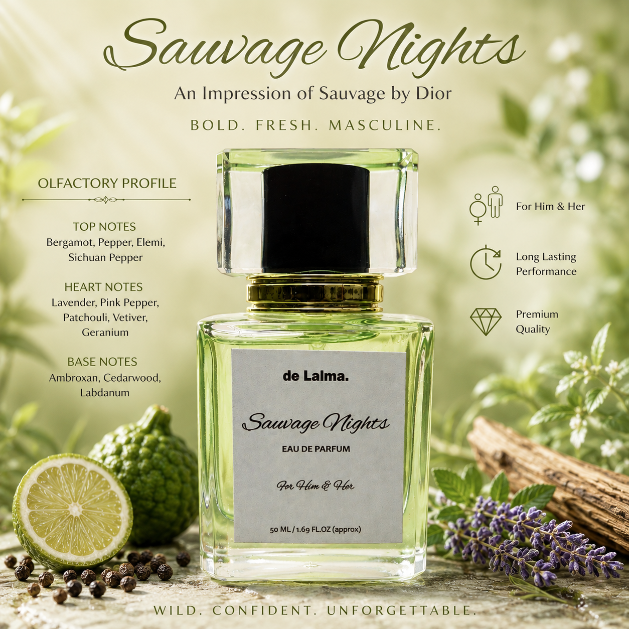 Sauvage Nights by de Lalma luxury and long-lasting Eau de Parfum for men/unisex, inspired by Sauvage by Dior, featuring fragrance notes with a fresh citrus and woody-themed background.