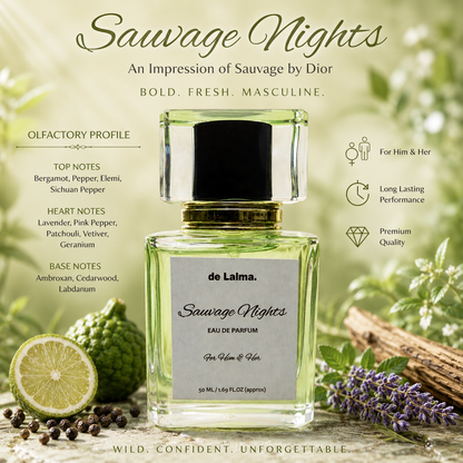 Sauvage Nights by de Lalma luxury and long-lasting Eau de Parfum for men/unisex, inspired by Sauvage by Dior, featuring fragrance notes with a fresh citrus and woody-themed background.
