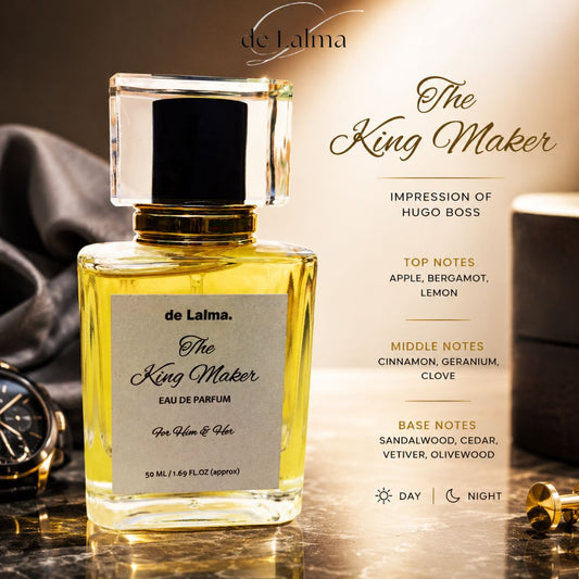 The King Maker by de Lalma luxury and long-lasting Eau de Parfum for men and women, inspired by Hugo Boss, featuring fragrance notes with a warm woody and sophisticated-themed background.