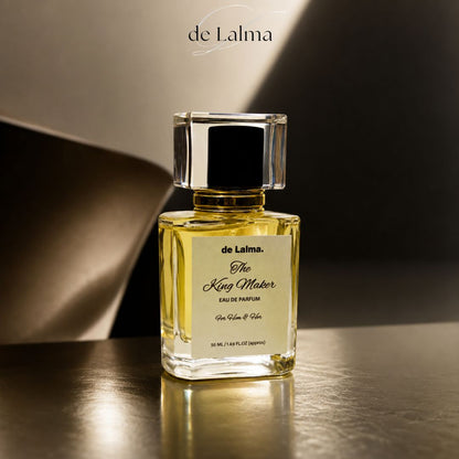 The King Maker by de Lalma luxury and long lasting Eau de Parfum for men/unisex, inspired by Hugo Boss, displayed in a modern interior with warm ambient lighting.