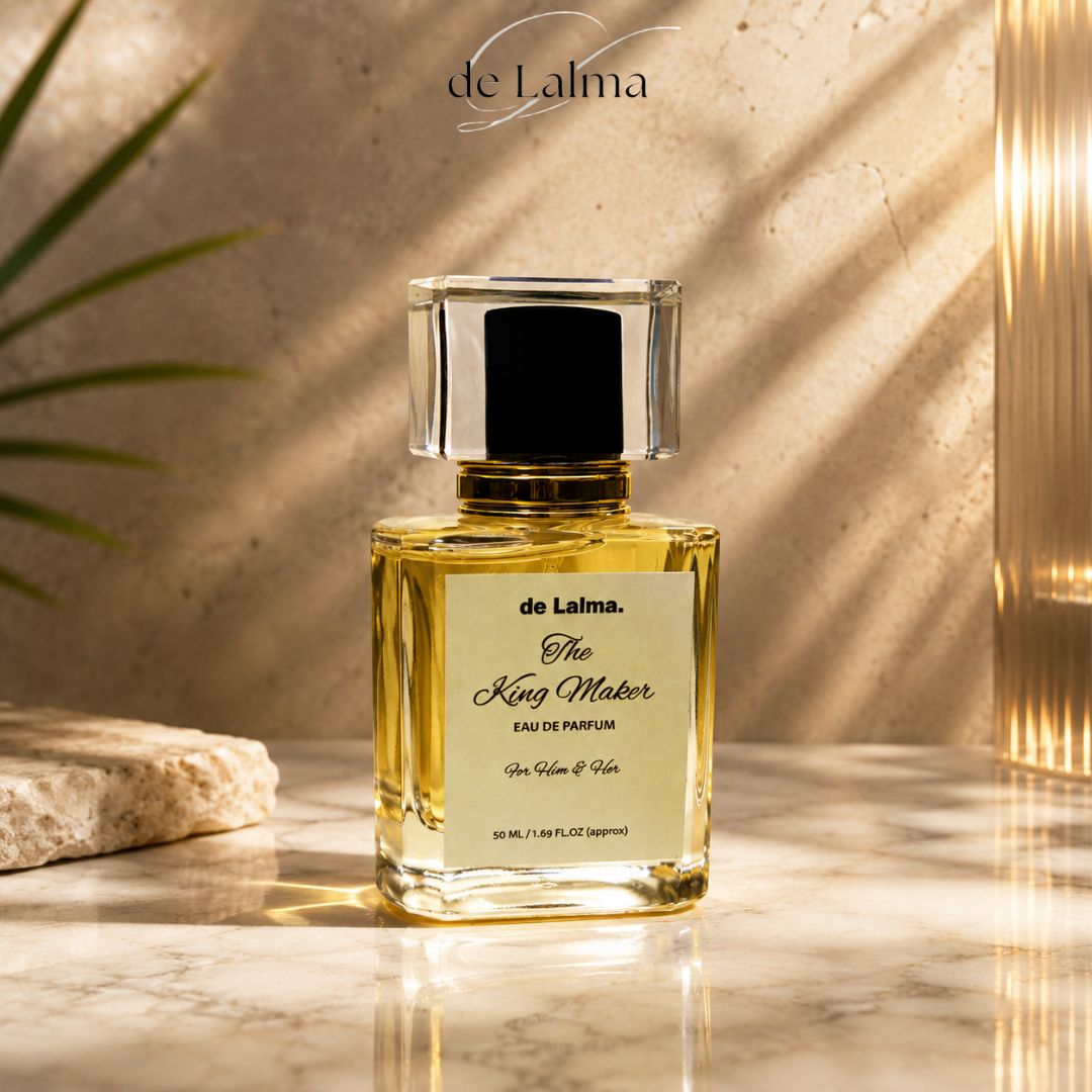 The King Maker by de Lalma luxury and long lasting Eau de Parfum for men/unisex, inspired by Hugo Boss, displayed on an elegant marble surface with warm natural lighting.