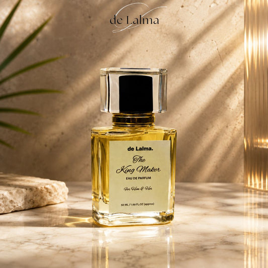 The King Maker by de Lalma luxury and long lasting Eau de Parfum for men/unisex, inspired by Hugo Boss, displayed on an elegant marble surface with warm natural lighting.