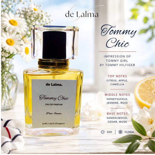 Tommy Chic by de Lalma luxury and long-lasting Eau de Parfum for women, inspired by Tommy Girl by Tommy Hilfiger, featuring fragrance notes with a fresh citrus and floral-themed background.