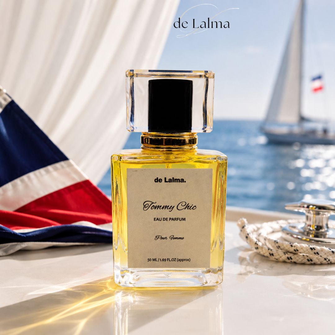 Tommy Chic by de Lalma -Inspired by Tommy girl by Tommy Helfiger, long lasting, luxury perfume, displayed aboard a luxury sailboat with a scenic ocean backdrop.